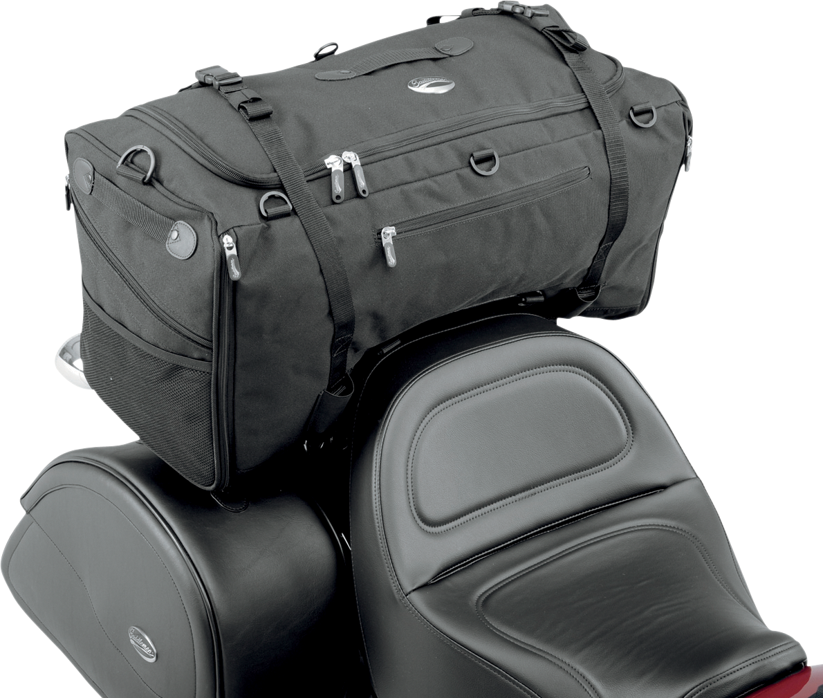 Bill's Exhausts SADDLEMEN TS3200 Deluxe Sport Tail Bag mounted on motorcycle seat for storage.