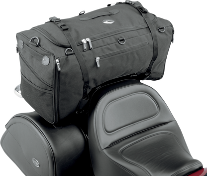 Bill's Exhausts SADDLEMEN TS3200 Deluxe Sport Tail Bag mounted on motorcycle seat for storage.