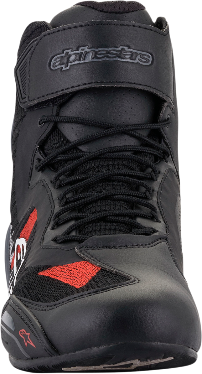 Alpinestars Faster-3 Rideknit® riding shoes in black, gray, and red, US size 14, featuring a sleek, sporty design.