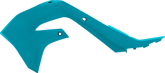 A set of teal metallic ACERBIS radiator shrouds with body design, featuring brand-specific details and a sleek finish.