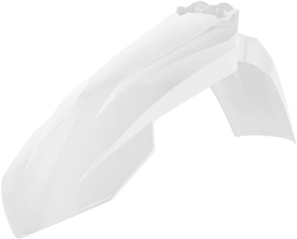A white Acerbis front fender for motorcycle, with a sleek body design and brand logo, mounted on a bike.