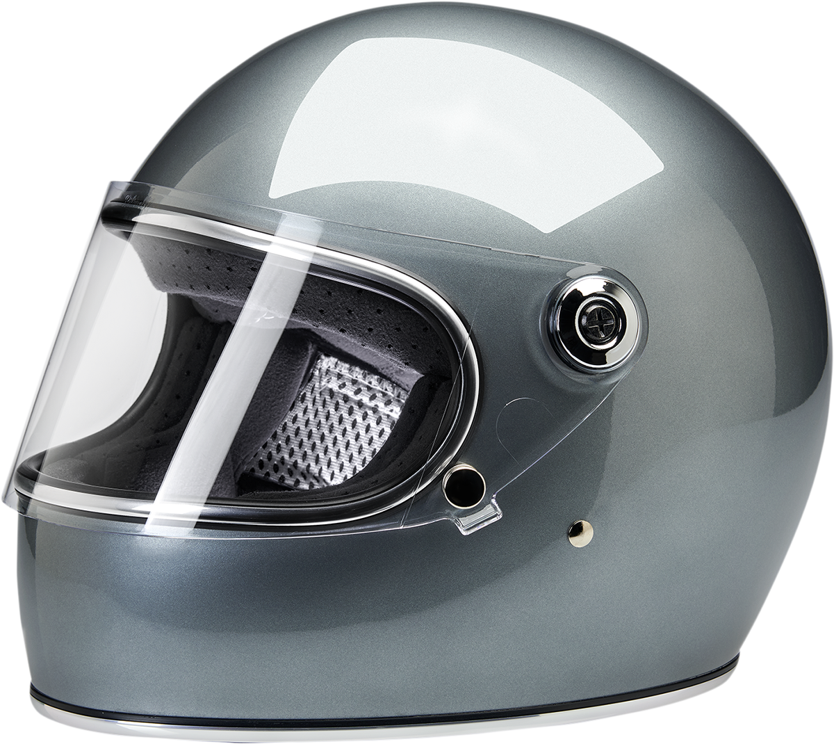 BILTWEll Gringo S helmet in metallic sterling finish, size XS, with a sleek, aerodynamic design for motorcycle riding.