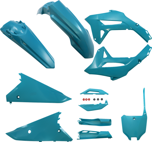 A teal and metallic Acerbis standard replacement body kit for CRF250R 2022-2023 and CRF450R 2021-2023 motocross bikes.