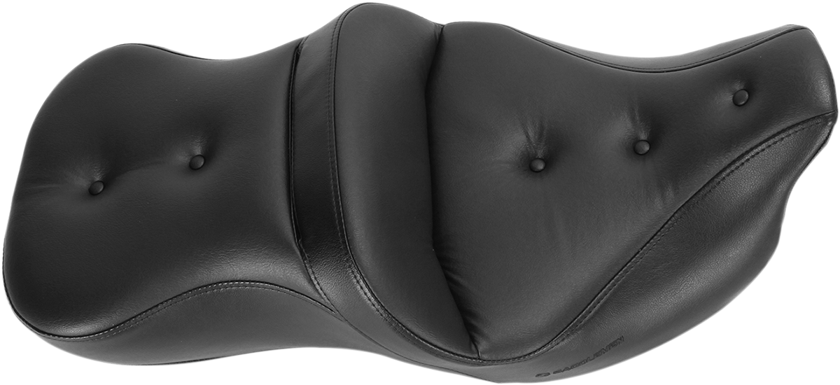 Black Saddlemens Pillow Top Roadsofa heated seat for '08-'23 Harley FLH/FLT motorcycles, featuring comfortable cushioning and mounting hardware.