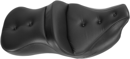 Black Saddlemens Pillow Top Roadsofa heated seat for '08-'23 Harley FLH/FLT motorcycles, featuring comfortable cushioning and mounting hardware.