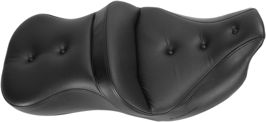 Black Saddlemens Pillow Top Roadsofa heated seat for '08-'23 Harley FLH/FLT motorcycles, featuring comfortable cushioning and mounting hardware.