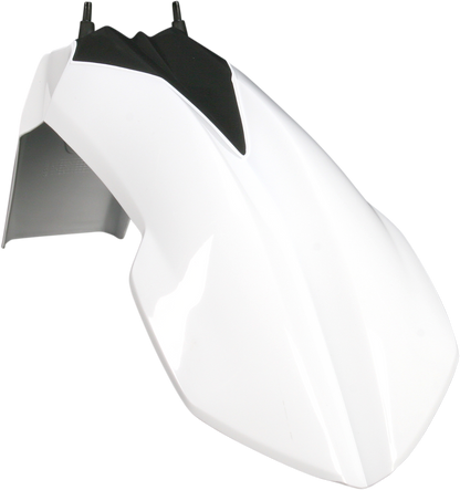 Acerbis white and black front fender for motorcycle, showcasing durable plastic body with sleek design and brand logo.