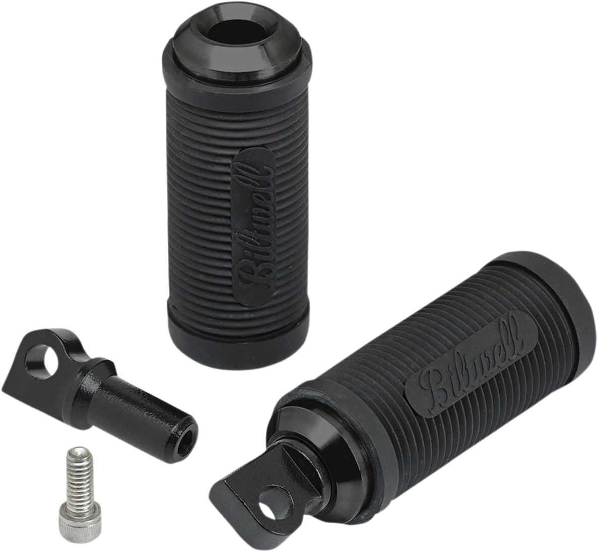 Black BILTWELL Norman Foot Pegs for motorcycle, showing metal body with mounting points and textured footrest surfaces.
