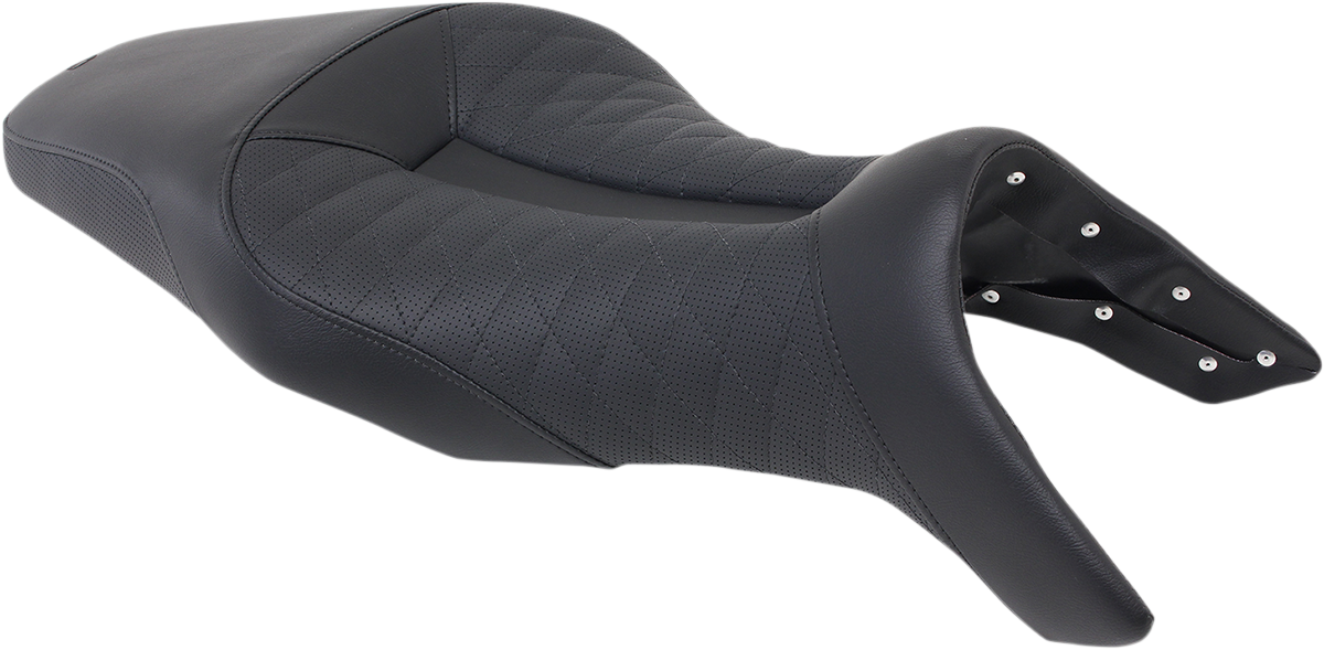 Black SADDLEMEN Track Seat with lattice stitch design for Yamaha FZ09 2014-2019, featuring sleek motorcycle seat styling.