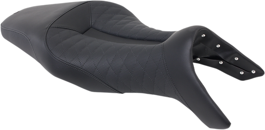 Black SADDLEMEN Track Seat with lattice stitch design for Yamaha FZ09 2014-2019, featuring sleek motorcycle seat styling.