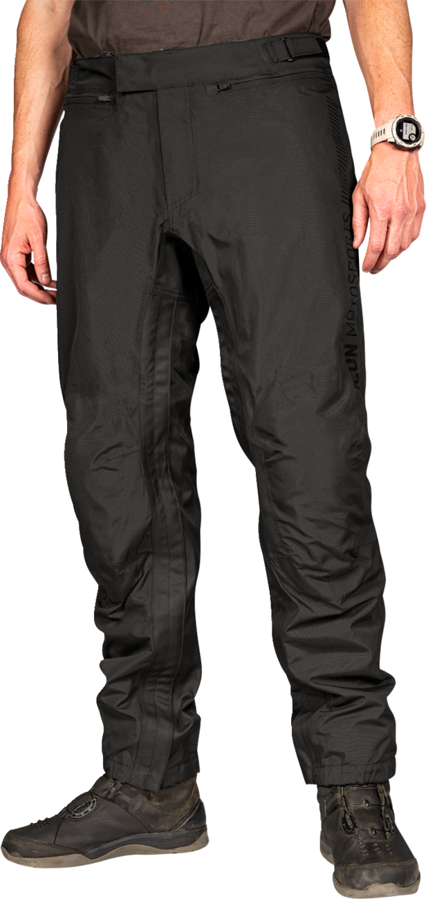 Black ICON PDX3™ overpants by Bill's Exhausts, small size, showing durable waterproof fabric and overpant design.