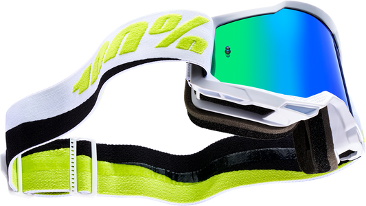Bill's Exhausts 100% Accuri 2 goggles in Peyote green mirror with tinted lenses and adjustable strap, designed for motocross riding.