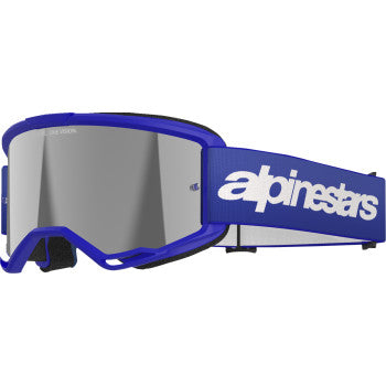 Alpinestars Vision 3 goggles with blue frame and silver mirror lenses, designed for motocross or off-road riding.