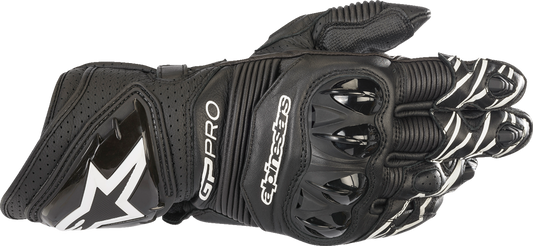 Black Alpinestars GP Pro RS3 motorcycle gloves with protective armor, size small, shown on a plain background.