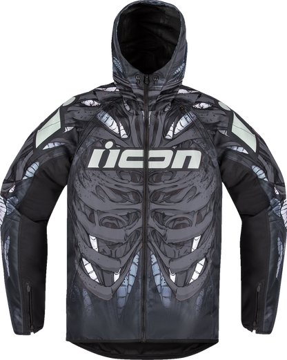 Black ICON Airform Manik'r™ jacket in small size, showcasing the lightweight, protective motorcycle jacket with branding details.