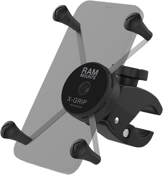 RAM MOUNTS X-Grip phone mount with Tough-Claw clamp attached to vehicle engine, showing secure rubber grips and sturdy construction.