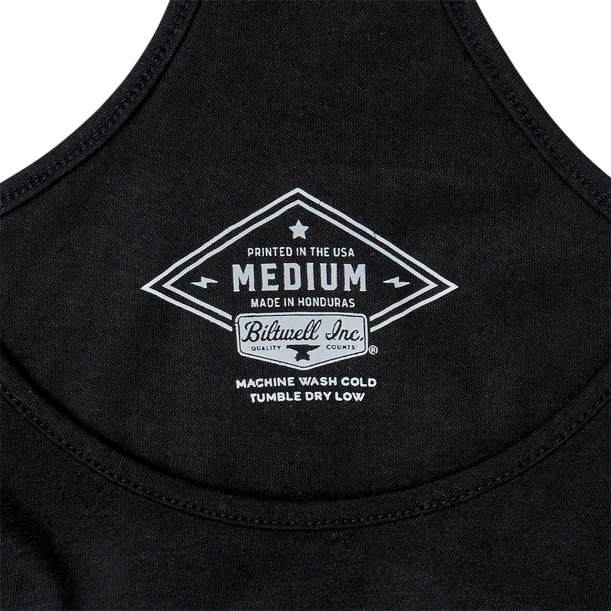 Black BILTWELL women's surf tank top, medium size, casual sleeveless style, with Bill's Exhausts branding on front.