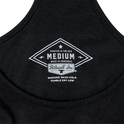 Black BILTWELL women's surf tank top, medium size, casual sleeveless style, with Bill's Exhausts branding on front.