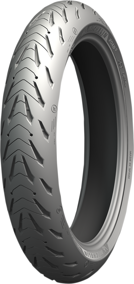 Michelin Road 5 front motorcycle tire 120/60ZR17 (55W) with tread pattern, mounted on wheel, showcasing tire sidewall and branding.