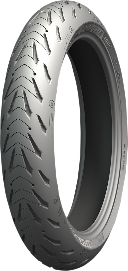 Michelin Road 5 front motorcycle tire, 120/70ZR17 size, showing tread pattern and sidewall details.