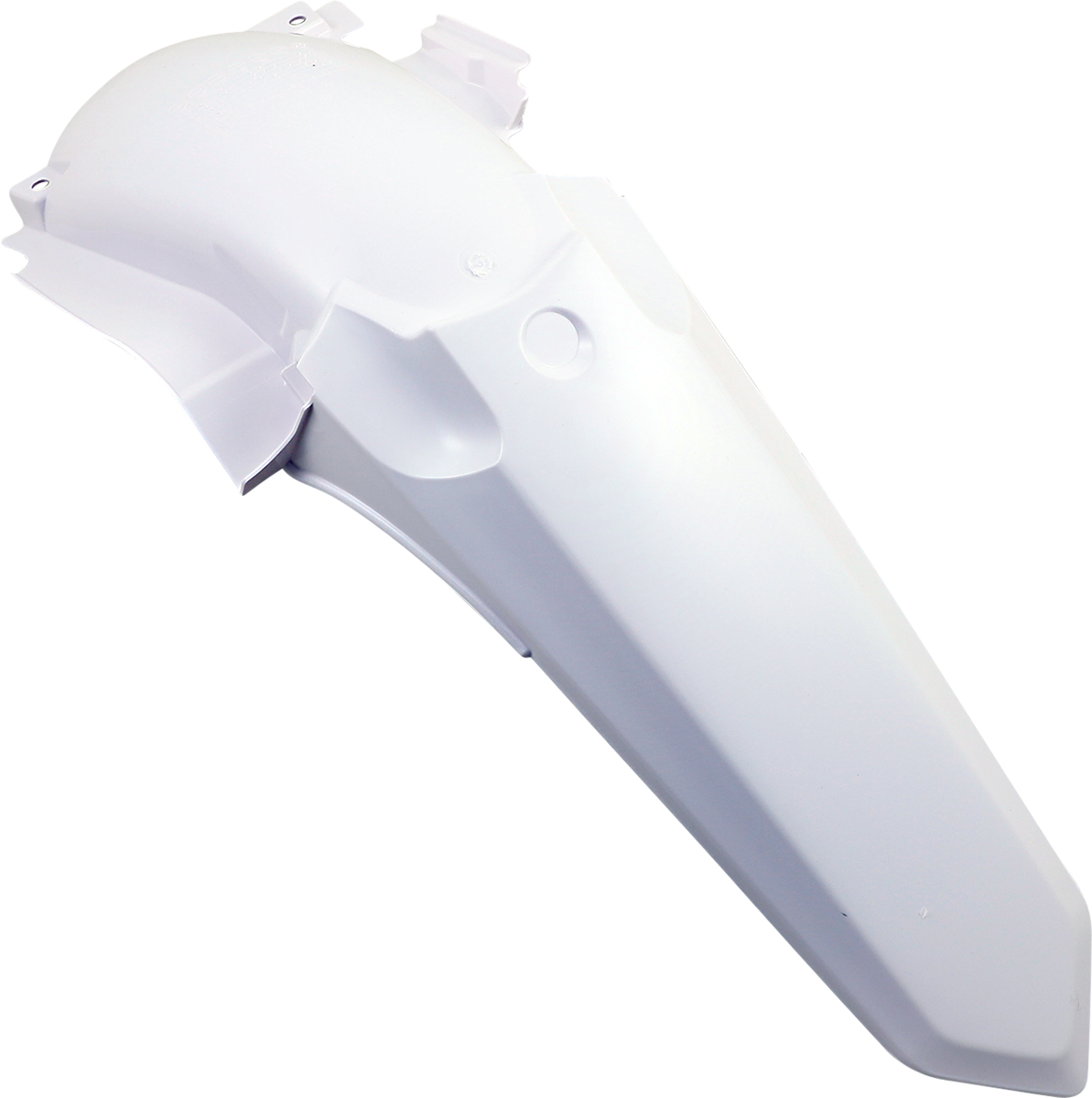 A white Acerbis rear fender for motorcycle, designed for durability and style, with mounting points visible.
