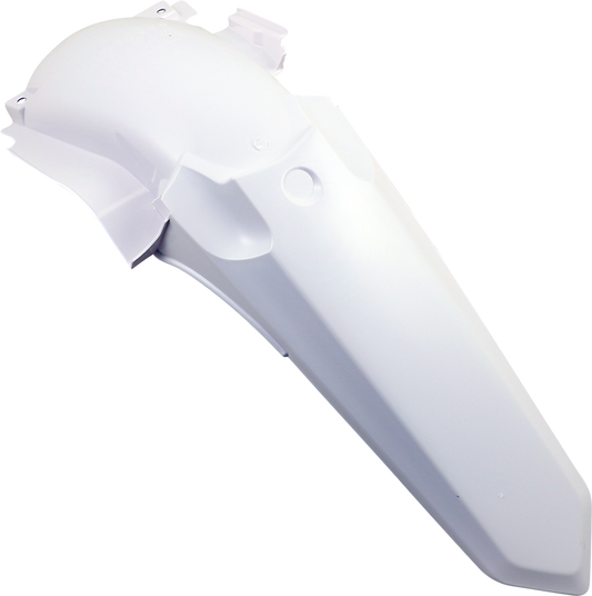 A white Acerbis rear fender for motorcycle, designed for durability and style, with mounting points visible.