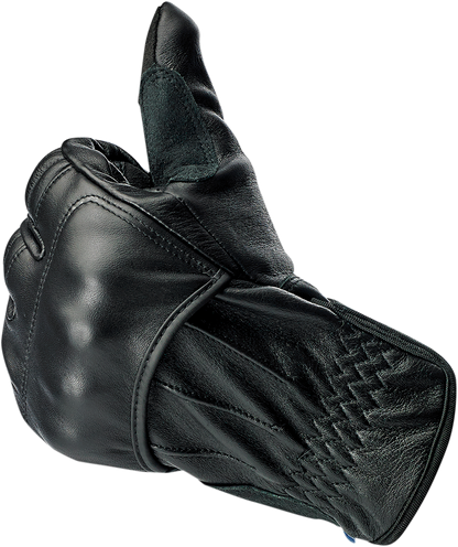 Black BILTWELL Belden Gloves in XL size, made by Bill's Exhausts, shown with a close-up of the textured leather material.