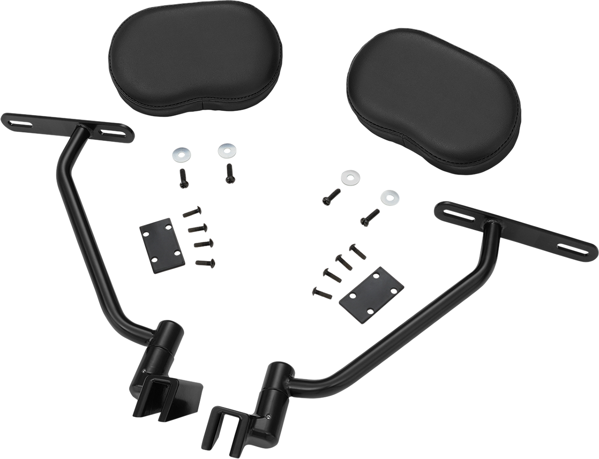 Black SHOW CHROME Deluxe Passenger Armrest for engine, designed by Bill's Exhausts, with chrome detailing and comfortable padding.