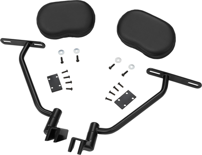 Black SHOW CHROME Deluxe Passenger Armrest for engine, designed by Bill's Exhausts, with chrome detailing and comfortable padding.