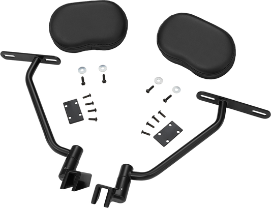 Black SHOW CHROME Deluxe Passenger Armrest for engine, designed by Bill's Exhausts, with chrome detailing and comfortable padding.