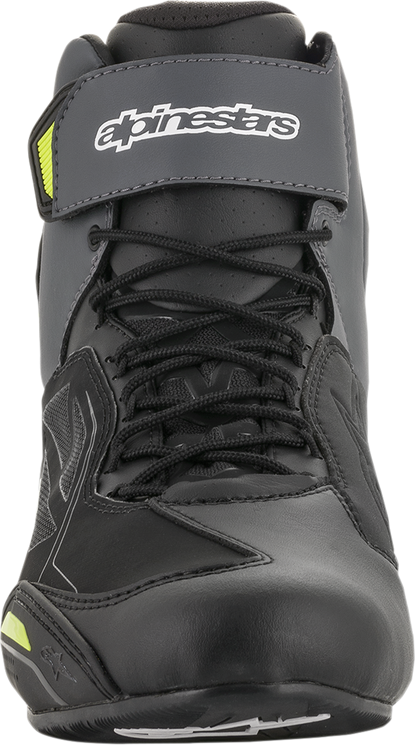 Alpinestars Faster-3 Drystar® shoes in black, gray, and yellow with US 14 size, featuring sporty design and durable construction.