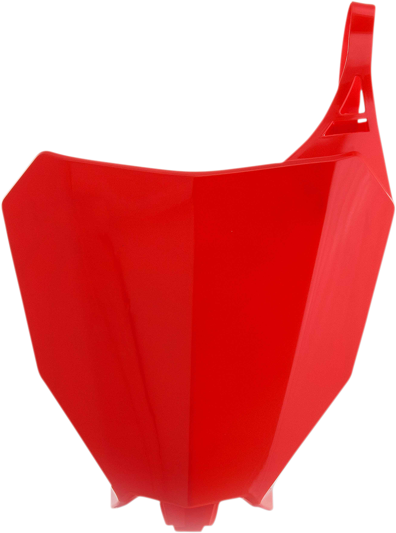 Acerbis front number plate for 2000 Honda CR motorcycle, red body with black mounting holes, designed for off-road use.