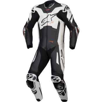 Black, red, and white Alpinestars GP Plus v4 Sprint 1-piece leather motorcycle suit with reinforced panels and racing design.