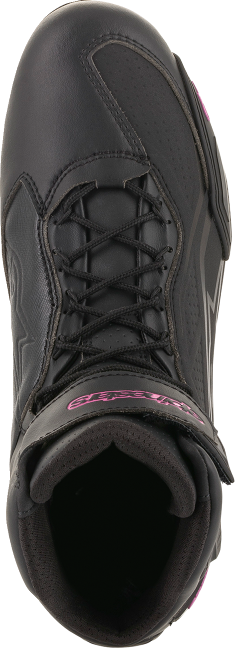Black and pink Alpinestars Stella Faster-3 motorcycle shoes with durable design and sporty look, US size 6.