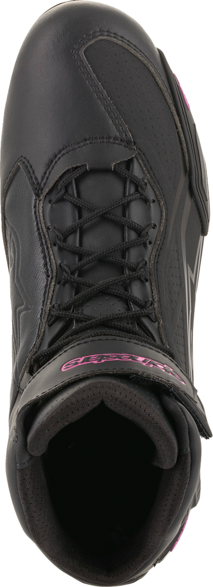Black and pink Alpinestars Stella Faster-3 motorcycle shoes with durable design and sporty look, US size 6.