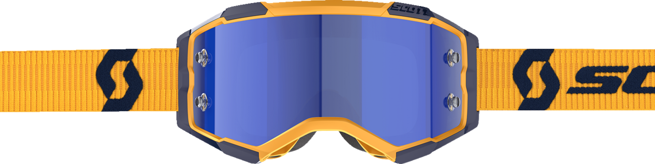 Scott Fury motocross goggles in dark yellow and dark blue with blue chrome lens, featuring adjustable strap and ventilation.