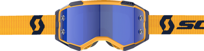 Scott Fury motocross goggles in dark yellow and dark blue with blue chrome lens, featuring adjustable strap and ventilation.