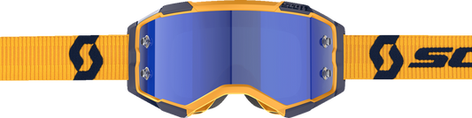 Scott Fury motocross goggles in dark yellow and dark blue with blue chrome lens, featuring adjustable strap and ventilation.