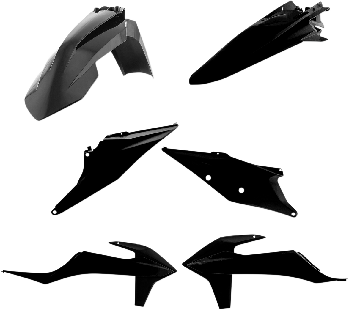 A black Acerbis standard replacement body kit for motorcycles, featuring sleek, durable plastic panels and components.