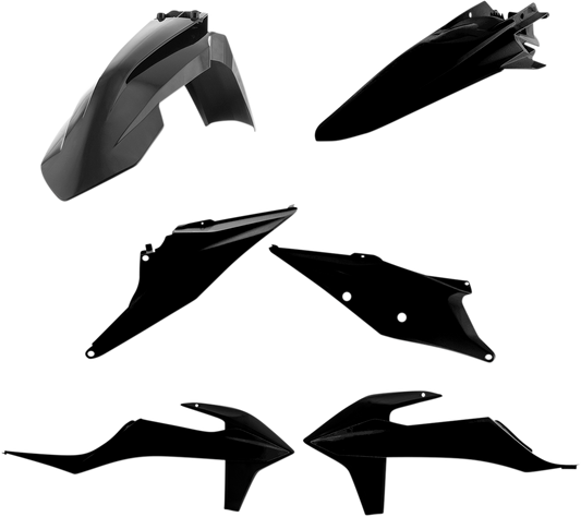 A black Acerbis standard replacement body kit for motorcycles, featuring sleek, durable plastic panels and components.
