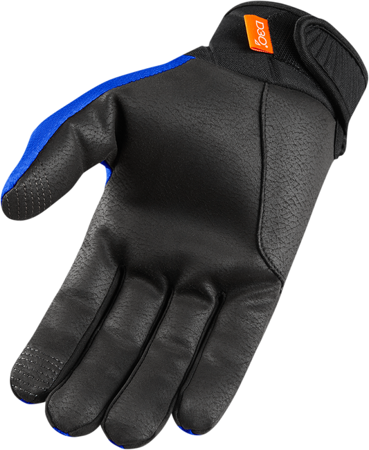 Blue ICON Anthem 2 CE™ gloves in medium size from Bill's Exhausts, with protective design and textured surface for riding comfort.