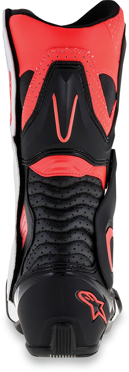 Alpinestars SMX-6 v2 vented motorcycle boots in black, white, and red fluorescent, size US 11.5, EU 46, with protective design.