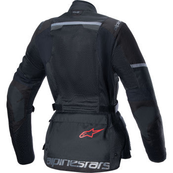 Black Alpinestars Stella Andes Air Drystar® motorcycle jacket with high-visibility accents, large size, shown on a hanger.