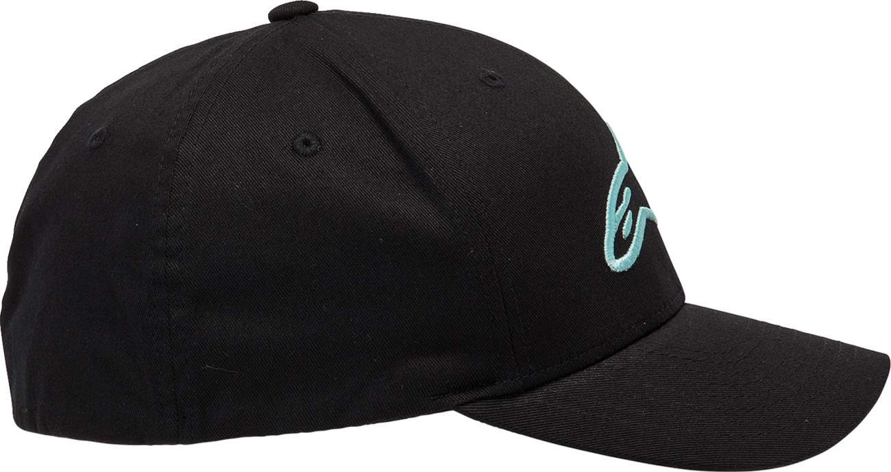 Alpinestars Ageless Curve Hat in black and light aqua, L/XL size, stylish mesh cap with curved brim and adjustable strap.