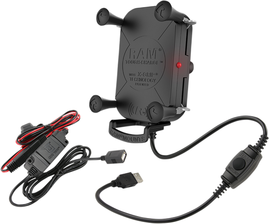 Bill's Exhausts RAM MOUNTS Tough-Charge wireless waterproof device holder for engine with hardwire charging, designed for secure mounting.