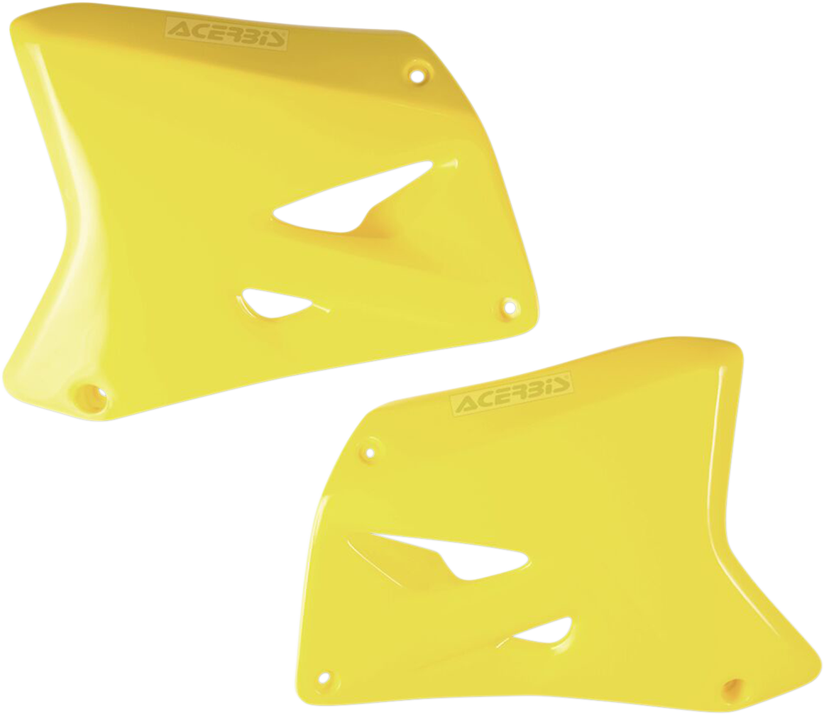 Acerbis Radiator Shrouds RM Yellow body graphics for dirt bikes, featuring bright yellow accents and detailed design on the motorcycle radiator.