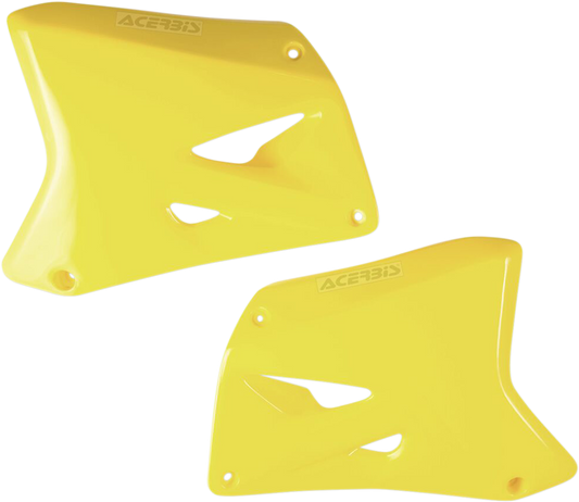 Acerbis Radiator Shrouds RM Yellow body graphics for dirt bikes, featuring bright yellow accents and detailed design on the motorcycle radiator.