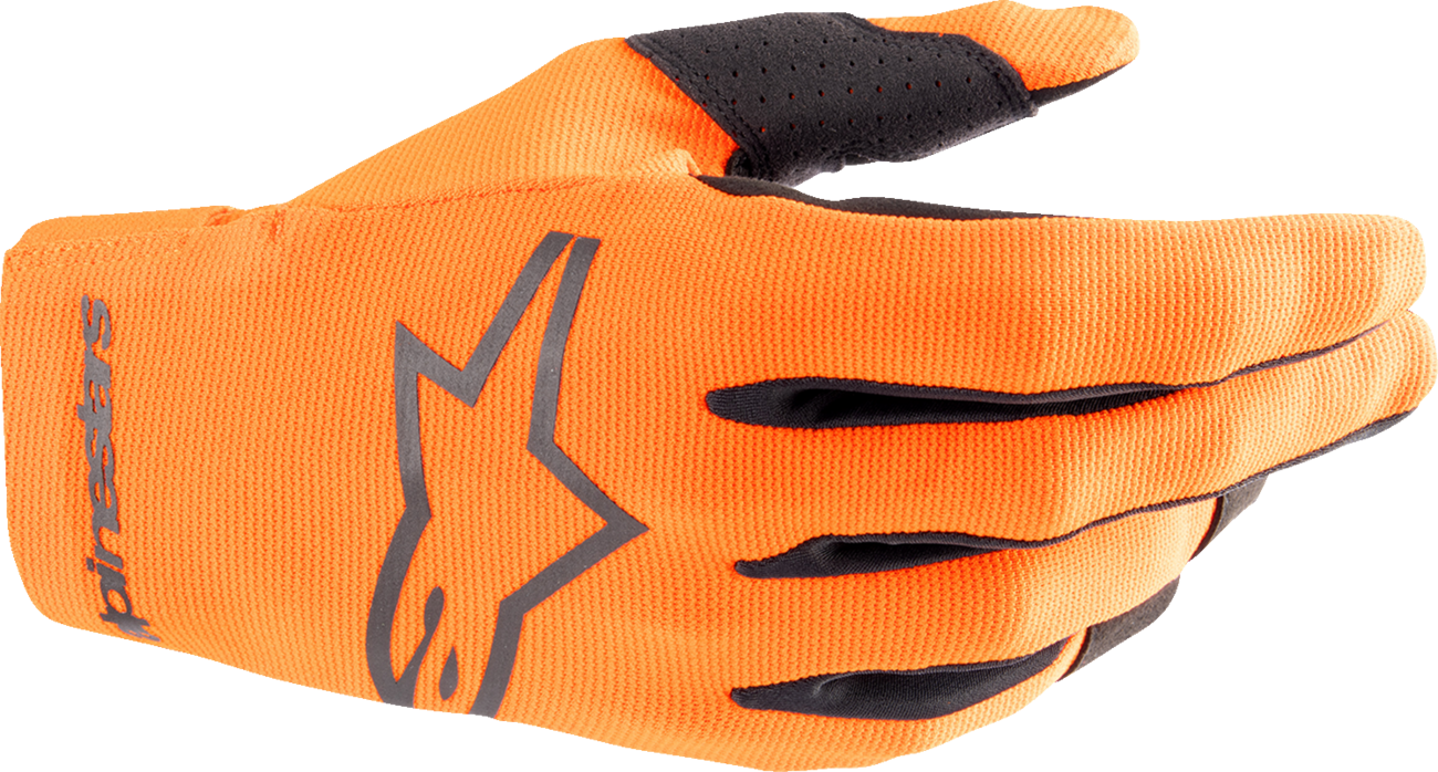 Alpinestars Radar gloves in hot orange and black, small size, showing the protective design and textured palm for motorcycle riding.