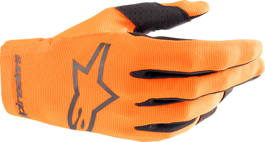 Alpinestars Radar gloves in hot orange and black, small size, showing the protective design and textured palm for motorcycle riding.