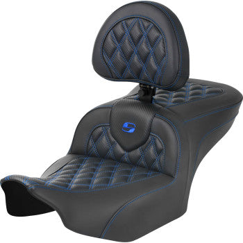 Bill's Exhausts SADDLEMEN RoadSofa seat with backrest, carbon fiber, lattice stitch, blue stitching for FLTR and FLHX 2023-2024
